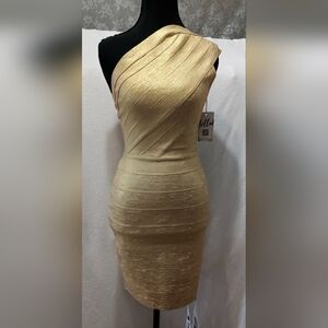 NWT Bella Barnette One Shoulder Metallic Gold Bandage Cocktail Dress Size XS